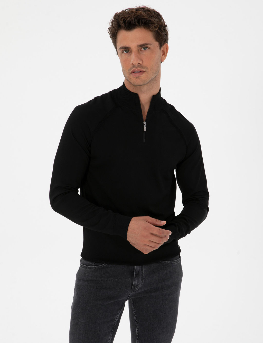 Siyah Slim Fit Dik Yaka Fermuarl_ Triko Kazak - Pierre cardin фото 3