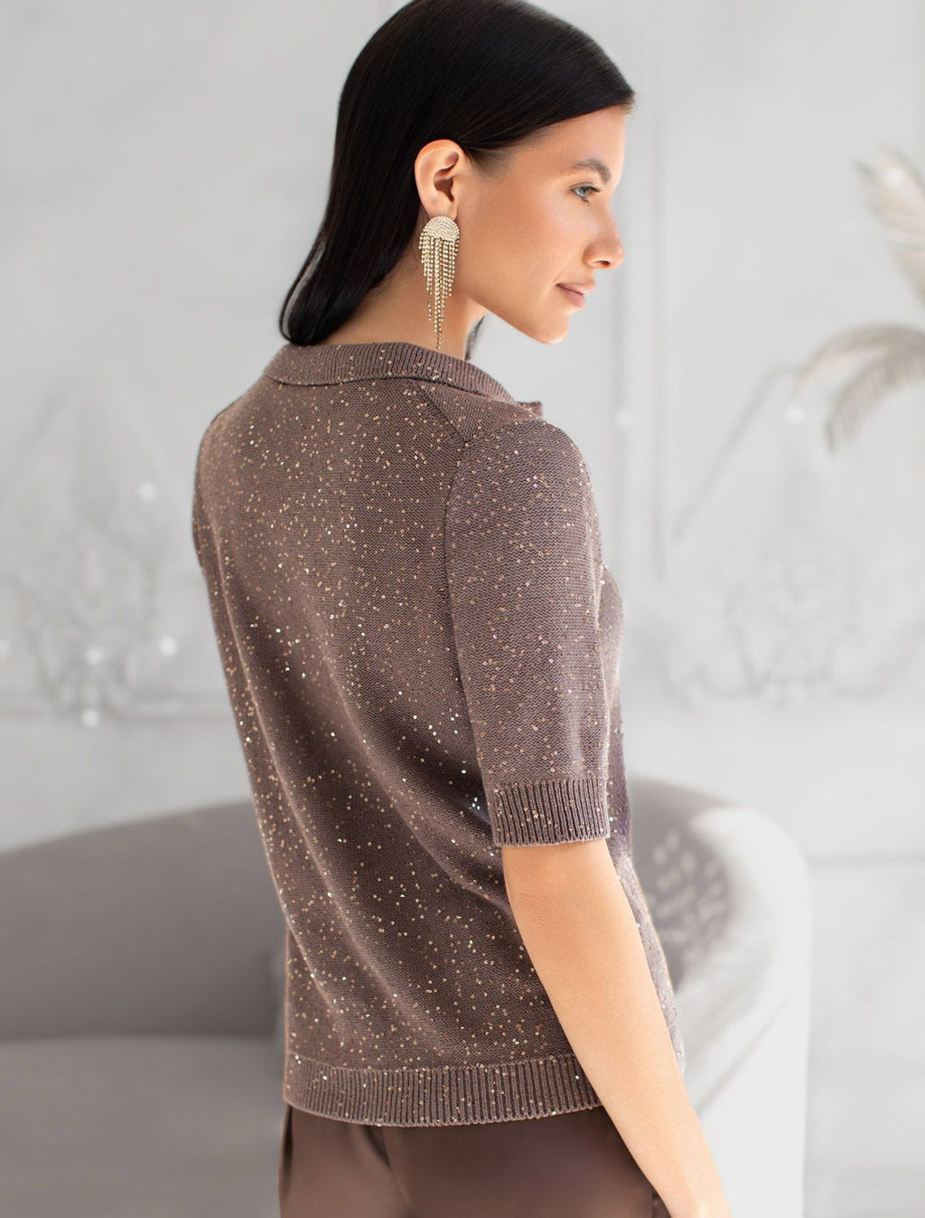 Джемпер поло с застежкой на пуговицы из хлопковой пряжи с пайетками - Vilatte фото 3