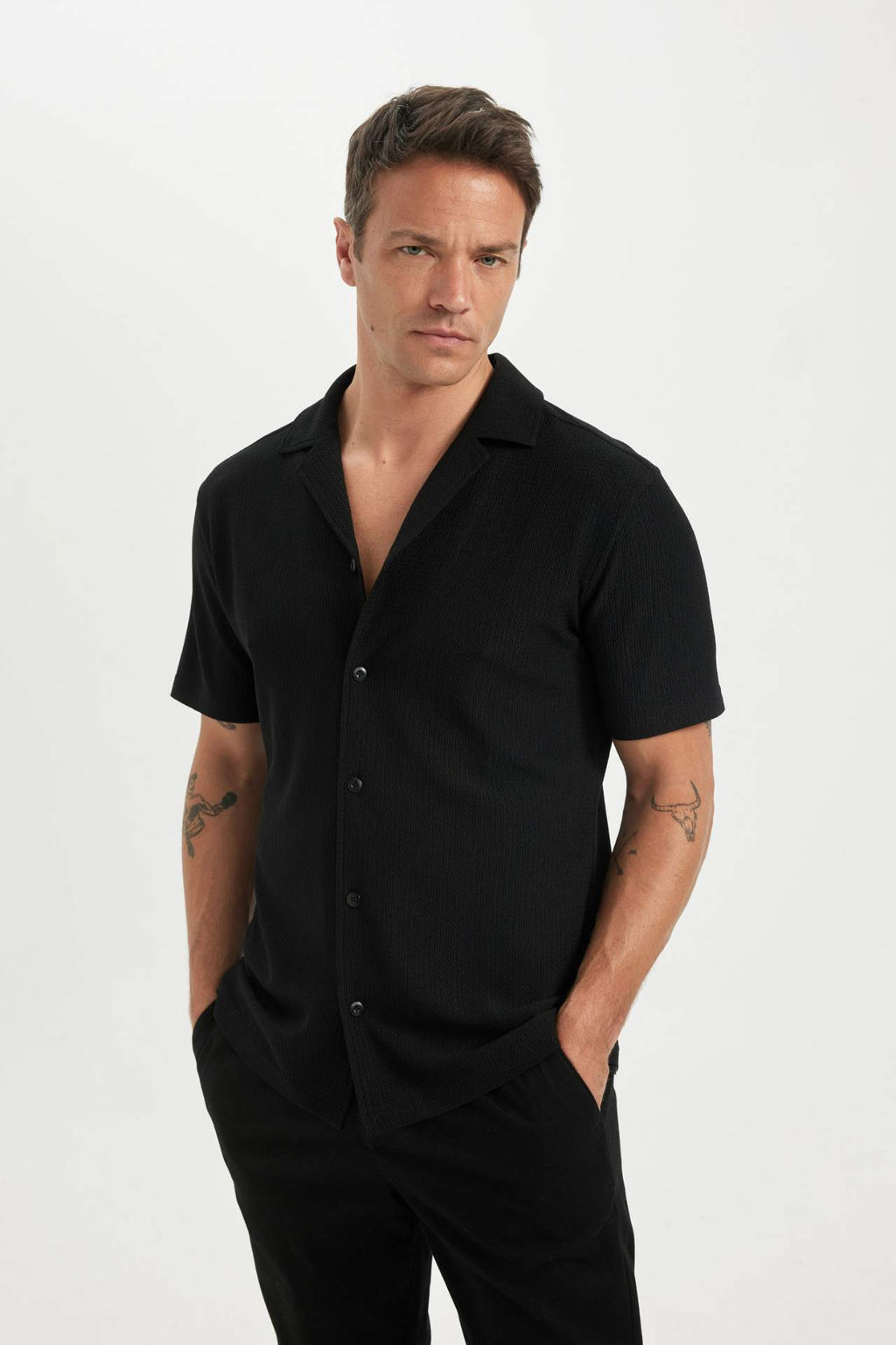Modern Fit Polo Yaka Penye K?sa Kollu Gomlek - Defacto фото 2