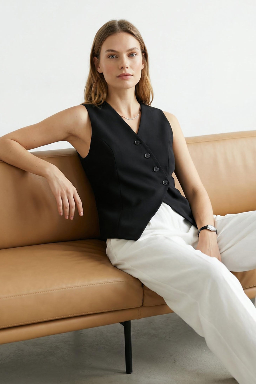 Siyah Regular Onu Asimetrik Dugmeli Dokuma Yelek TWOSS24YE00007