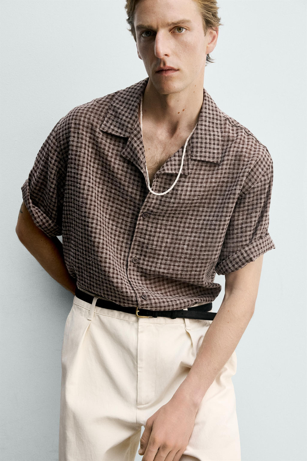 Рубашка Zara Relaxed Fit Jacquard Cuadros коричневая