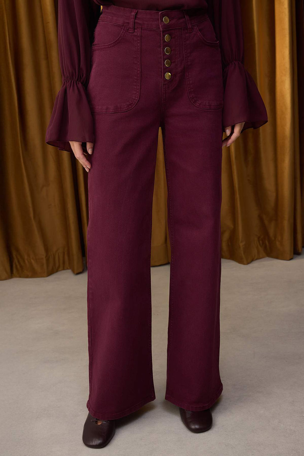 Ozel Koleksiyon Bordo Dugme Detayl? Yuksek Bel Wide Leg Comfort/Esnek Jeans TWOAW26JE00017