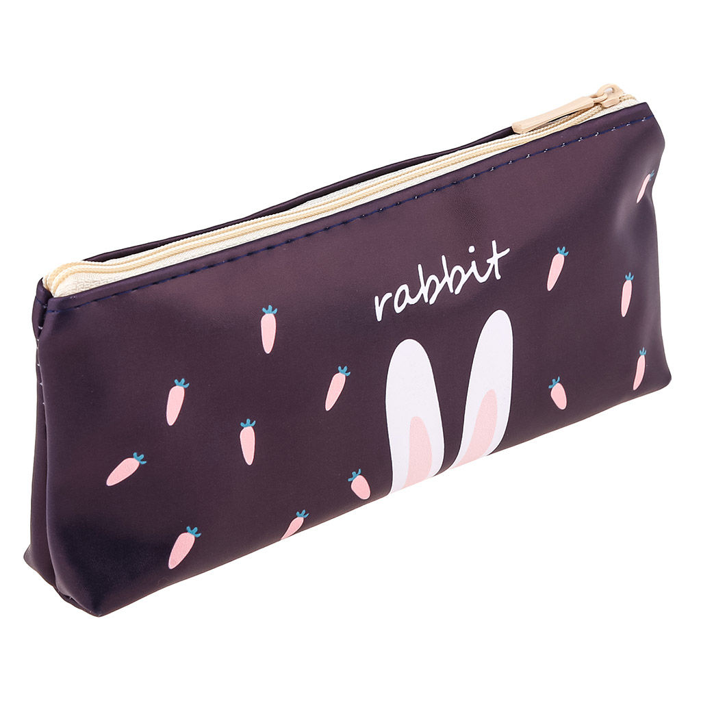 Косметичка-пенал 18,5х3х7,5см "Кролик" 1 отделение, кожзам, на подкладке, на молнии, цвет - темно-синий с морковкой, в п/эт пакете (Китай)