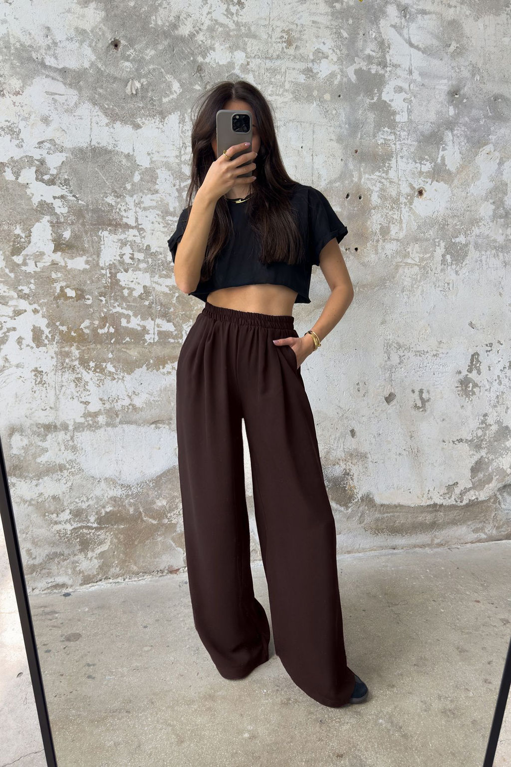 Kahverengi Beli Lastikli Pull On Wide Leg/Genis Paca Dokuma Pantolon TWOSS25PL00041