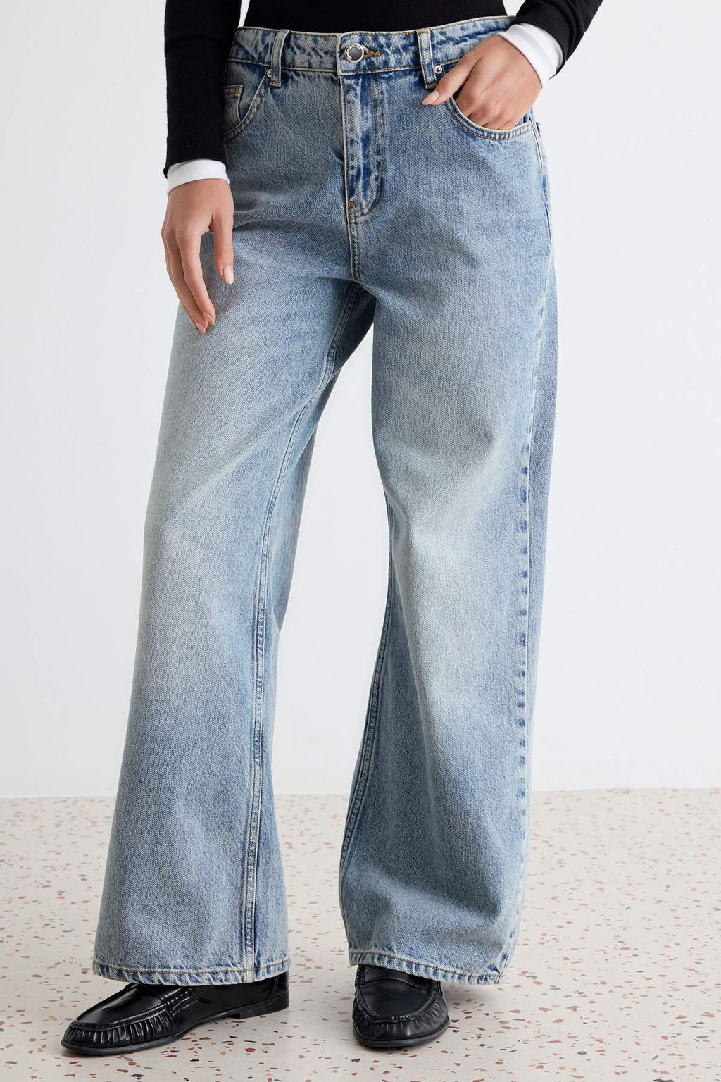 A__k Mavi %100 Pamuk Y_ksek Bel Bilek Boy Wide Leg Jeans TWOAW27JE00094 - Trendyolmilla фото 3