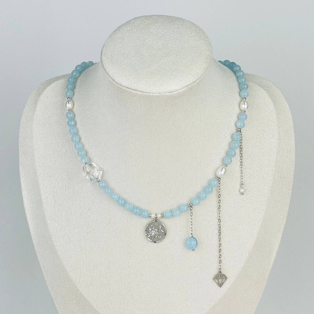 Колье из Аквамарина, Жемчуга и Горного Хрусталя 38 см +