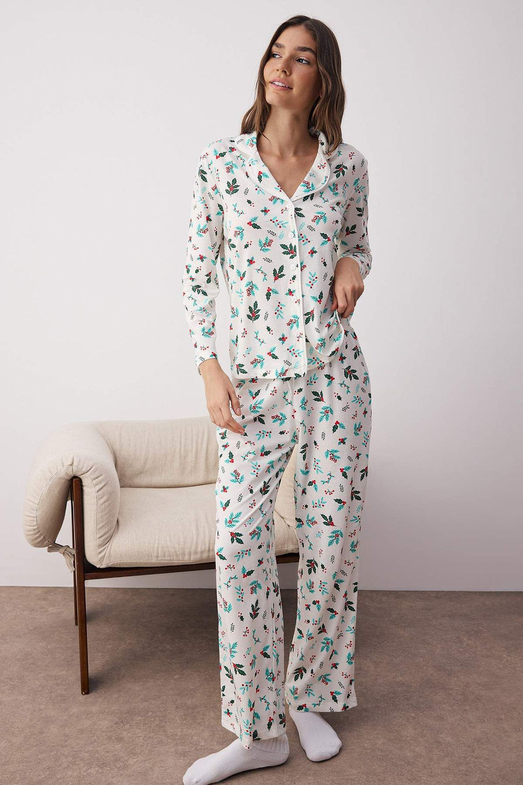 Ekru-Yesil %100 Pamuklu Cicekli Biyeli Orme Pijama Tak?m? THMAW26PT00058 - Trendyolmilla фото 2