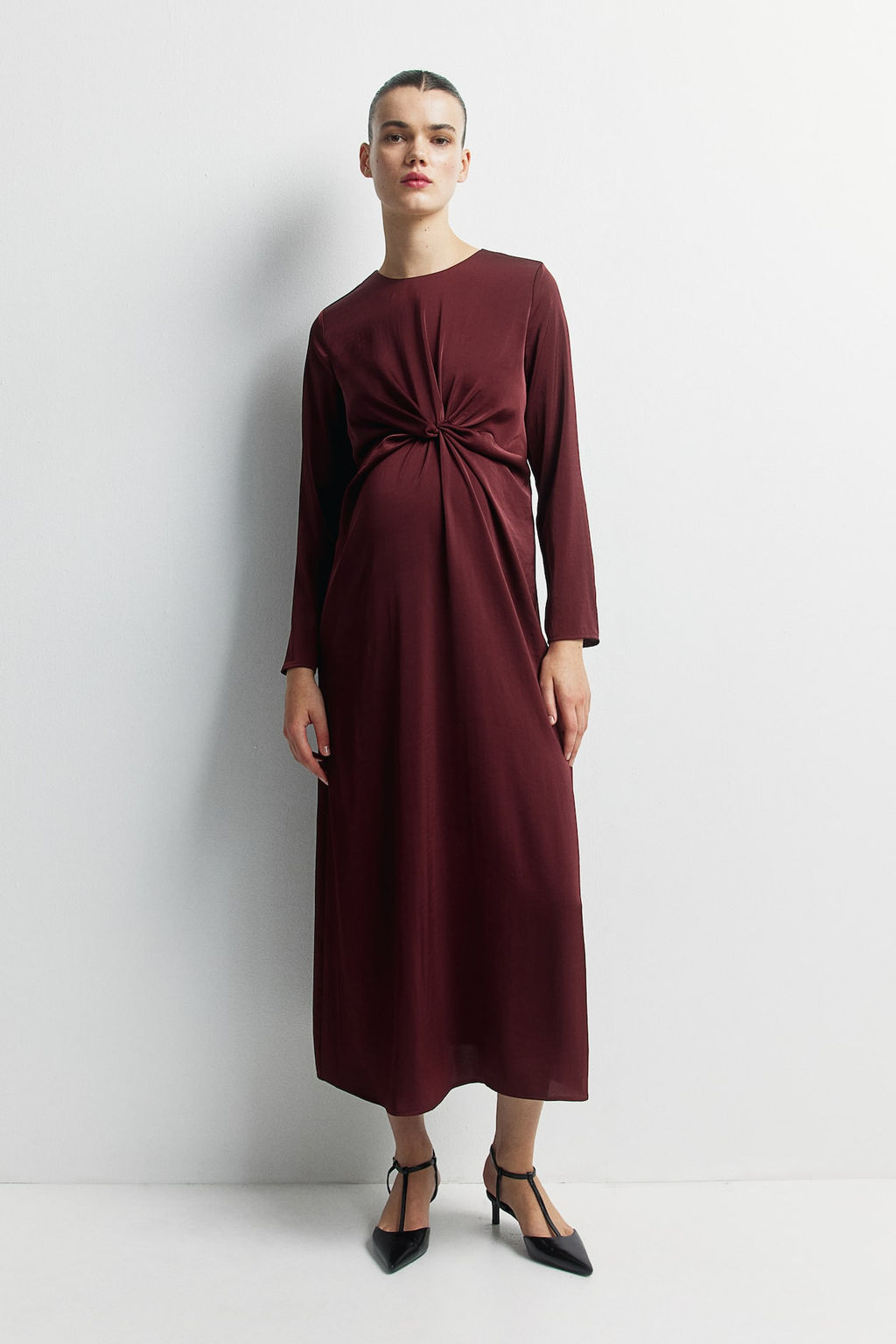 MAMA Vestido de saten drapeado con detalle de nudo