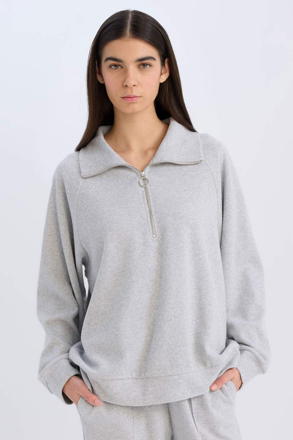 Regular Fit Yar?m Fermuarl? Dik Yaka Basic Duz Sweatshirt - Defacto фото 2
