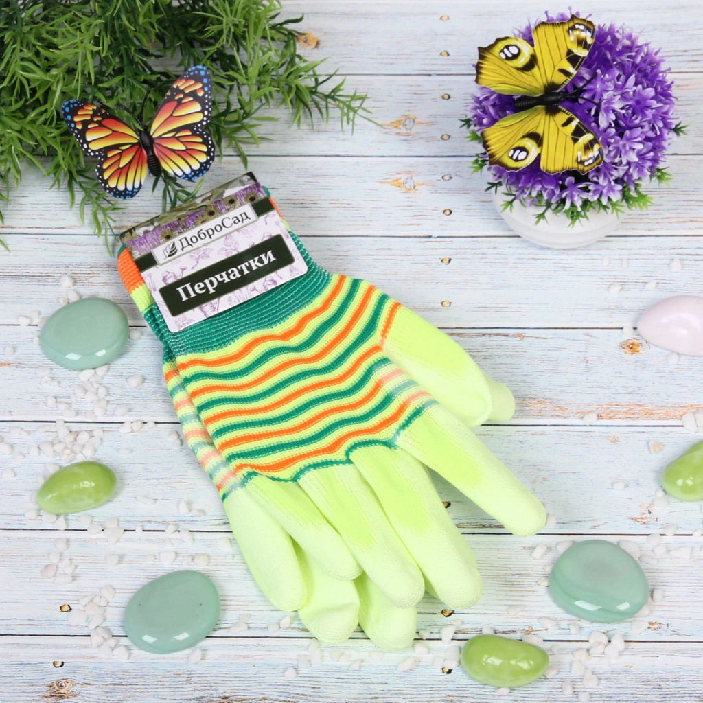 Цена за 12 шт. Перчатки нейлоновые "Радуга" с ПВХ покрытием полуоблитые, салатовые 8 р-р ДоброСад