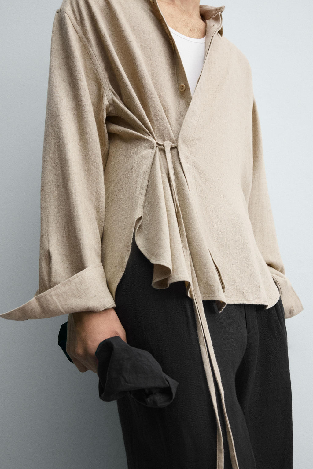 LINEN-VISCOSE TIE SHIRT - Zara фото 5