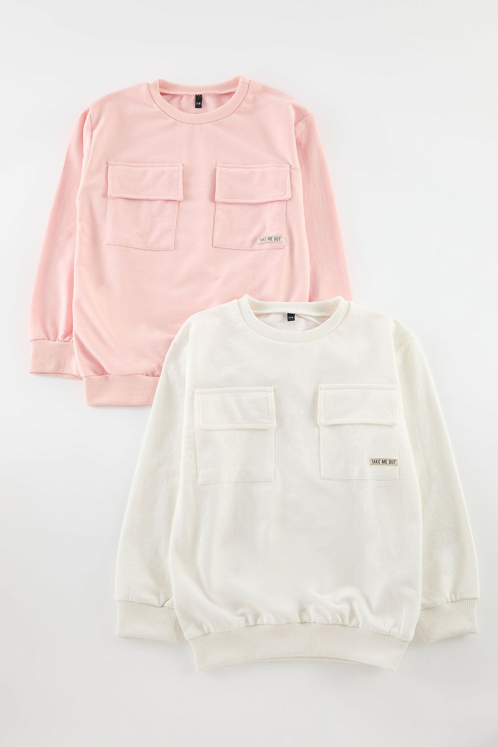 Pembe-Ekru K?z Cocuk Duz Pamuklu Orme Sweatshirt TKDAW25SW00019