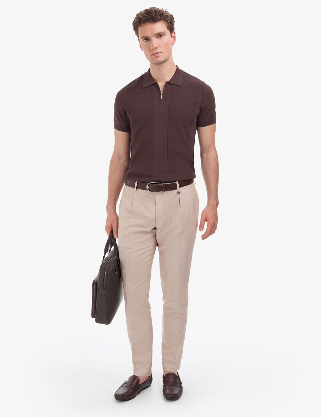 Koyu Kahverengi Slim Fit Polo Yaka Fermuarl_ Triko Ti__rt