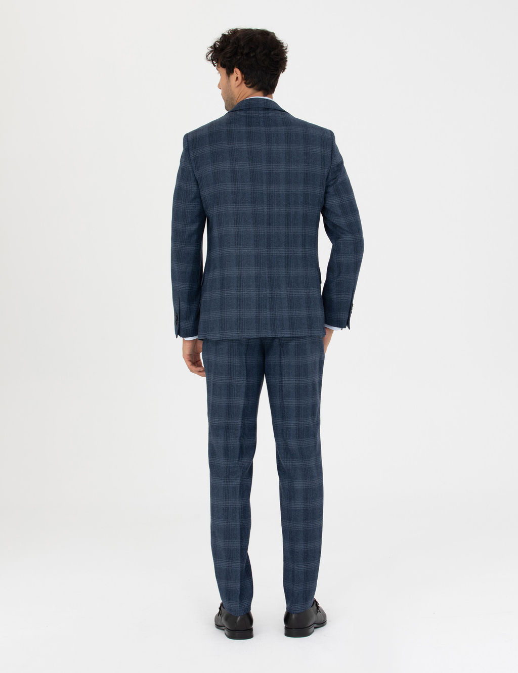 %100 Y_n Ekose Lacivert Ekstra Slim Fit Tak_m Elbise