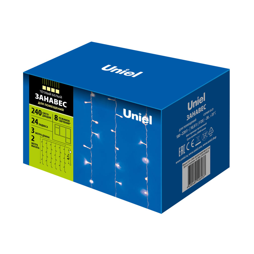 ULD-C2030-240/DTA WARM WHITE IP20 Занавес светодиодный, 3х2м, 240 светодиодов, Теплый белый свет. Провод прозрачный. TM Uniel. - Volpe фото 4