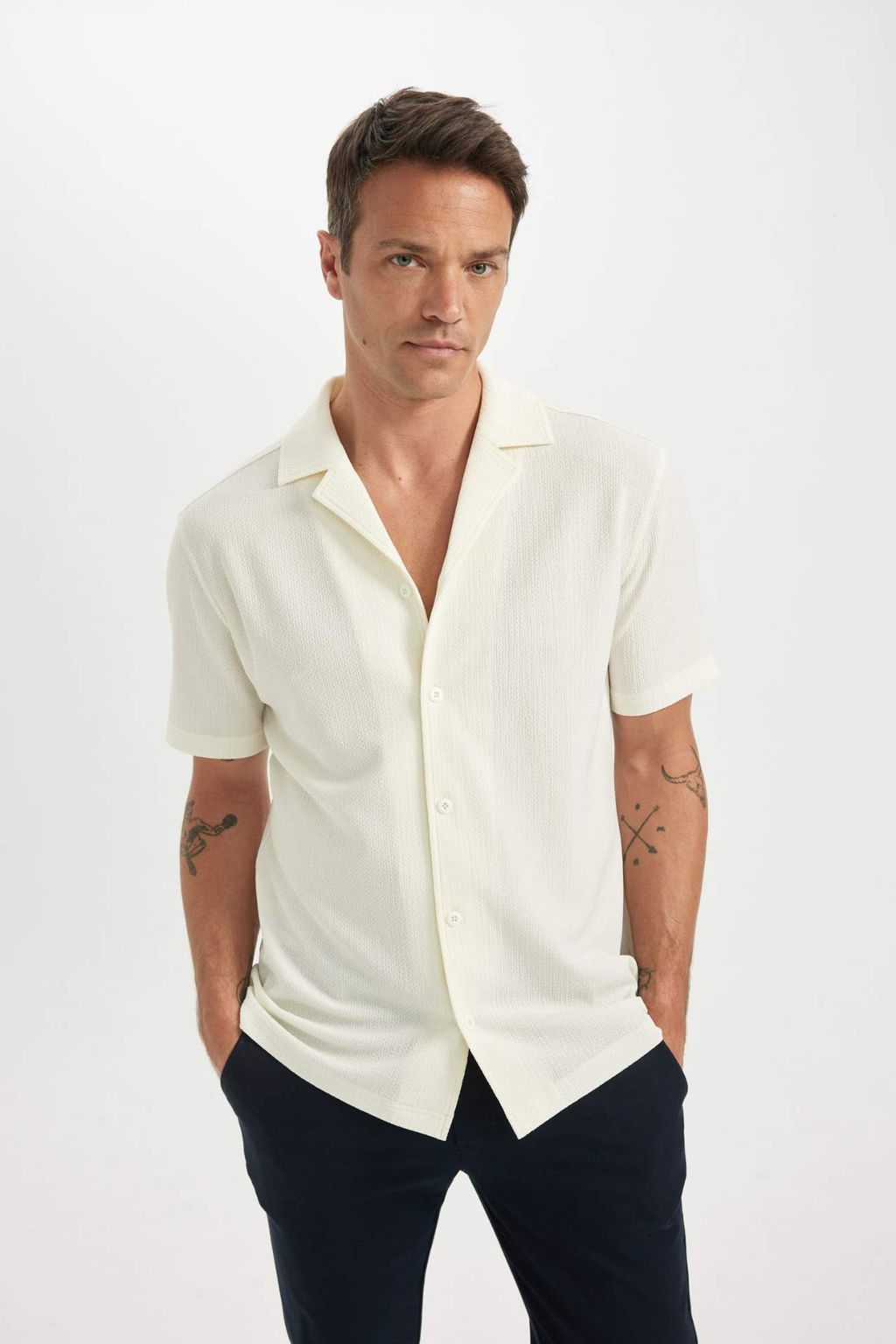 Modern Fit Polo Yaka Penye K?sa Kollu Gomlek - Defacto фото 2