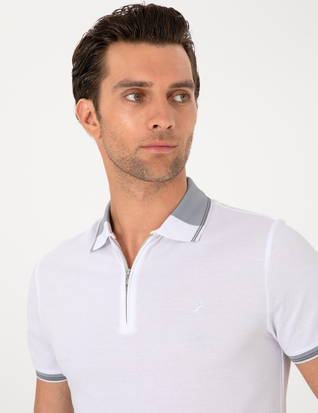Beyaz Slim Fit %100 Pamuk Fermuarl_ Polo Yaka T-shirt