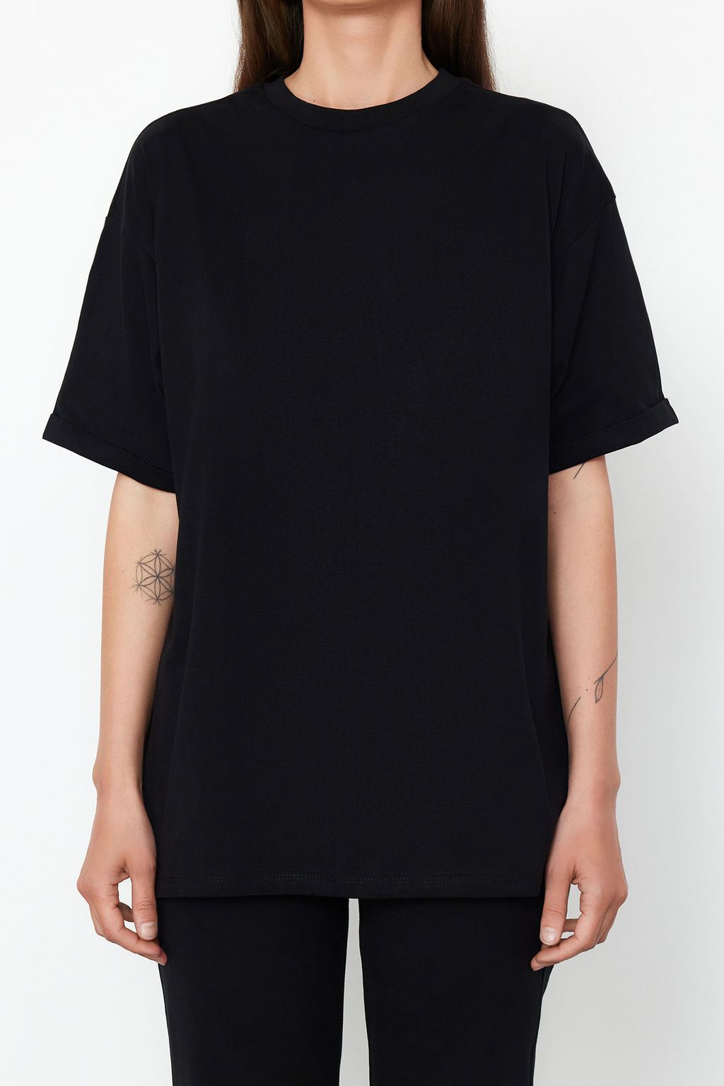 Siyah %100 Pamuk Oversize Kal?p Ispanyol Paca Orme T-shirt/Pantolon Alt-Ust Tak?m TWOSS24AU00059 - Trendyolmilla фото 4