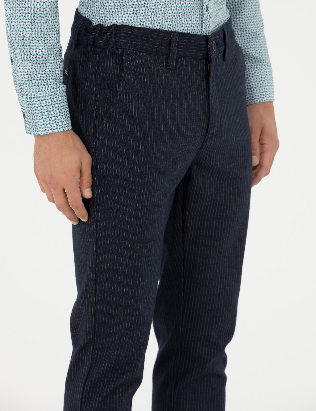Lacivert Slim Fit _izgili Kanvas Pantolon