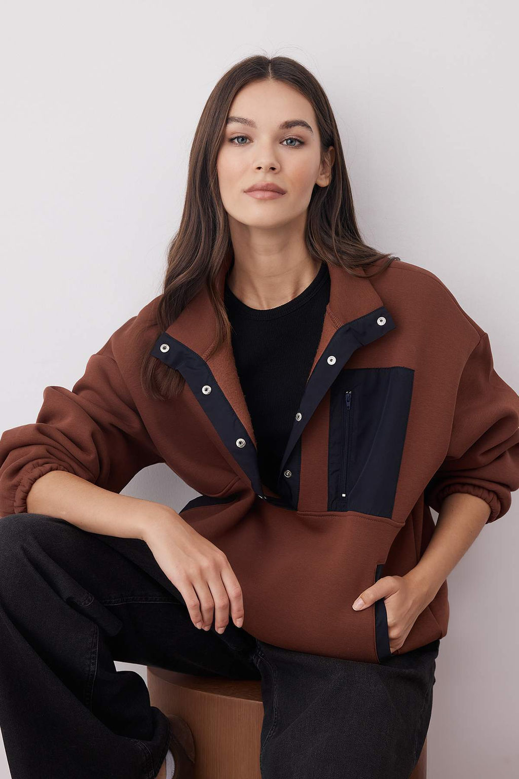 Kahverengi Dokuma Garni Detayl? Cepli Kal?n Ici Polarl? Orme Sweatshirt TWOAW26SW00056