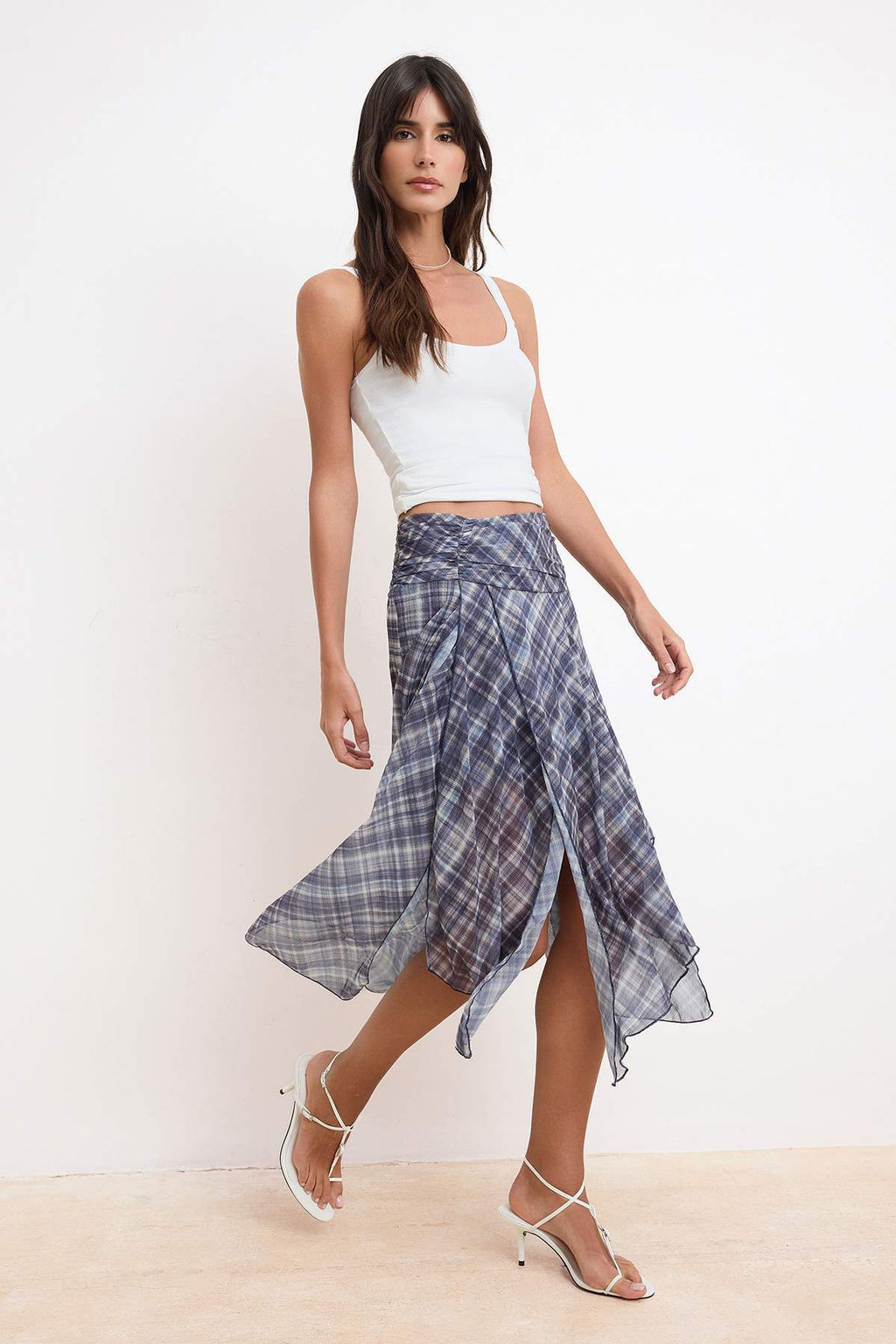 Mavi Sifon Ekoseli/Kareli Midi Asimetrik Astarl? Etek TWOSS26ET00104