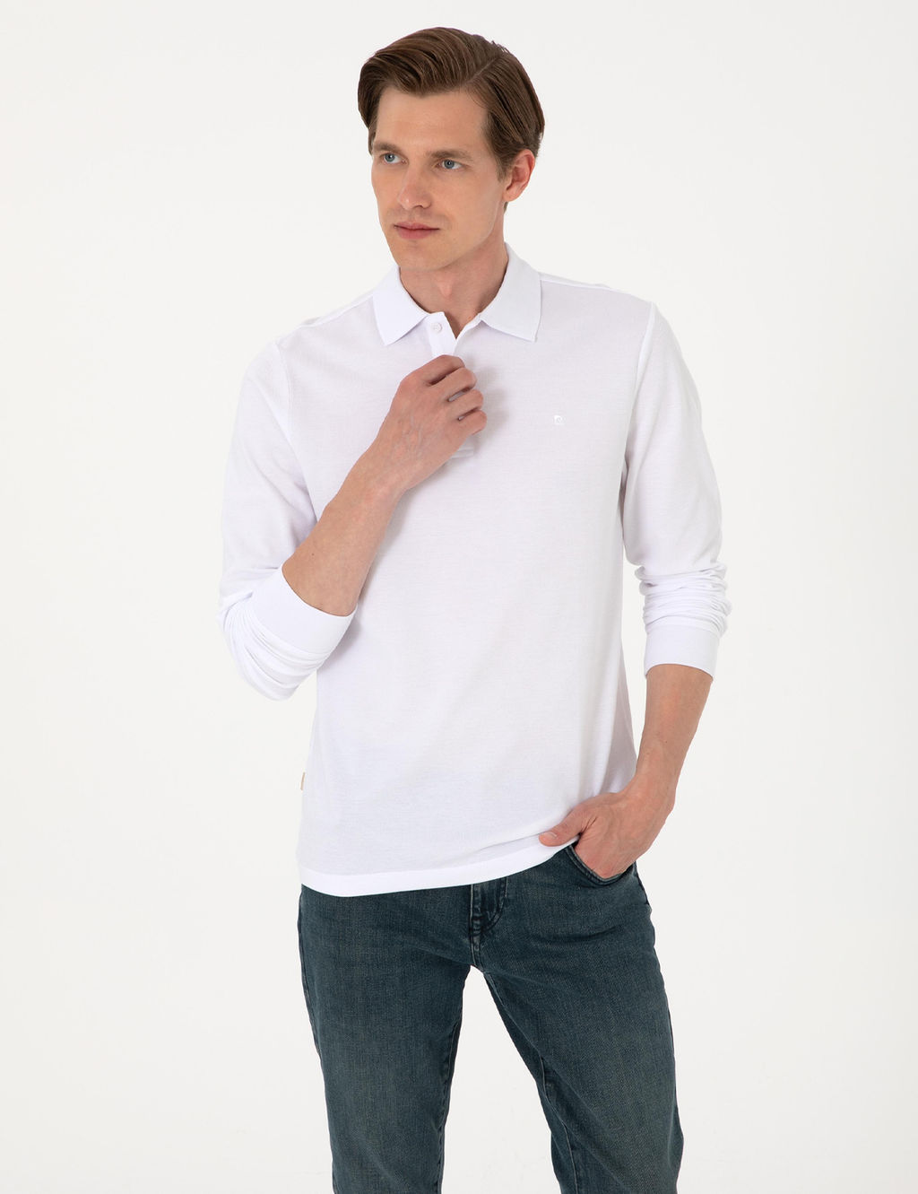 Beyaz Slim Fit K_vr_lmaz Polo Yaka Basic Pike Sweatshirt