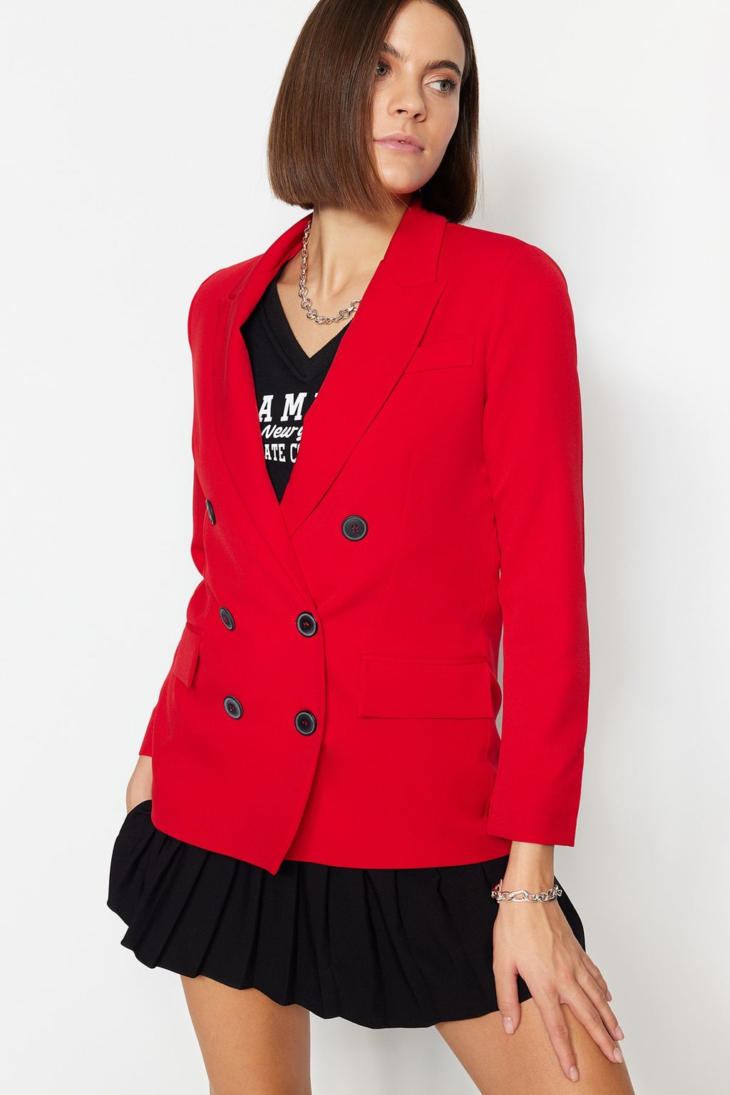 TRENDYOLMILLA K?rm?z? Dokuma Astarl? Kruvaze Kapama Blazer Ceket TWOAW23BC00019  фото 4