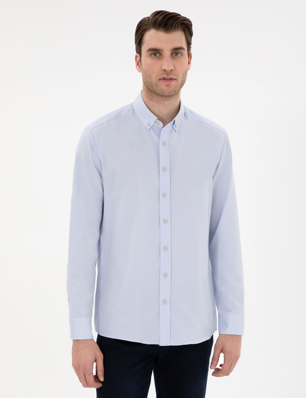 A__k Mavi Slim Fit Oxford G_mlek Uzunkol