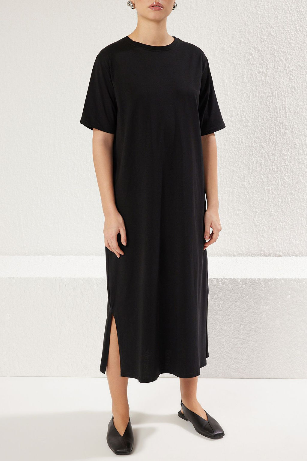 TRENDYOLMILLA Koyu Kahverengi %100 Pamuklu Bisiklet Yaka K?sa Kol Midi Orme T-shirt Elbise TWOSS25EL00465  фото 3