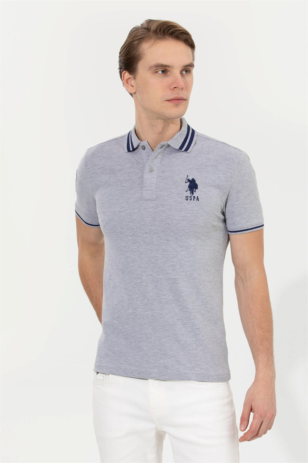 U. S. Polo Assn Мужская серая меланжевая базовая футболка с воротником-поло - U.s. polo assn фото 9