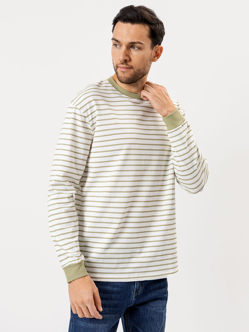 Свободная хлопковая тельняшка мужская в бело-оливковую полоску оливковая полоска на молочном 121811
