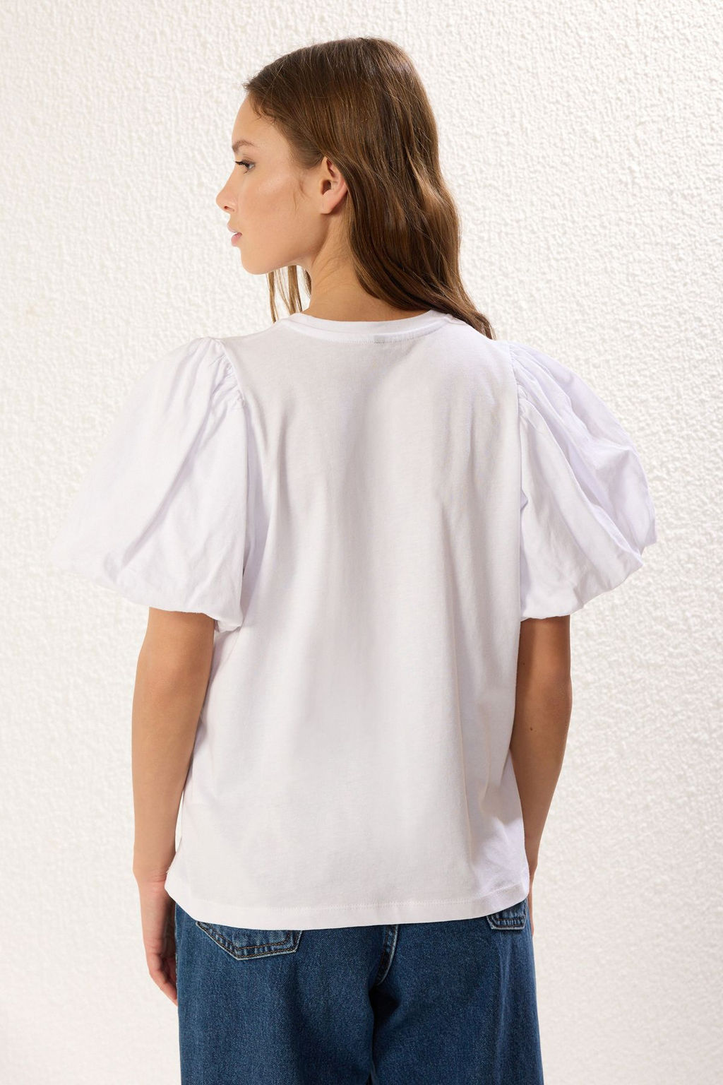 TRENDYOLMILLA Ac?k Mavi %100 Pamuk Balon Kol Detayl? Regular/Normal Kal?p Orme T-Shirt TWOSS25TS00064 фото 5