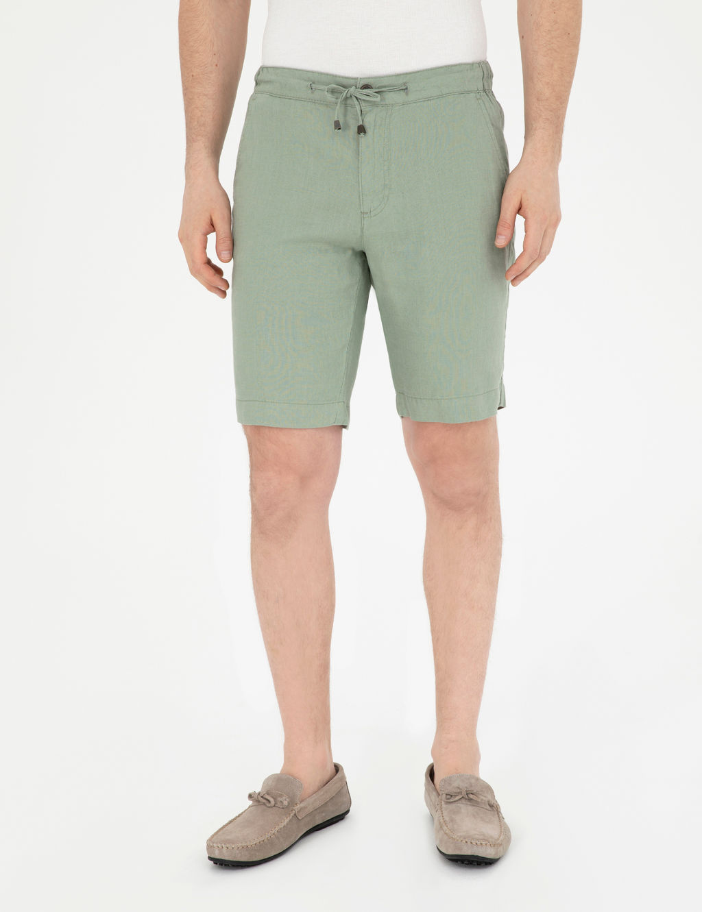 Ye_il Slim Fit %100 Keten Beli Lastikli Ba_c_kl_ Dokuma _ort