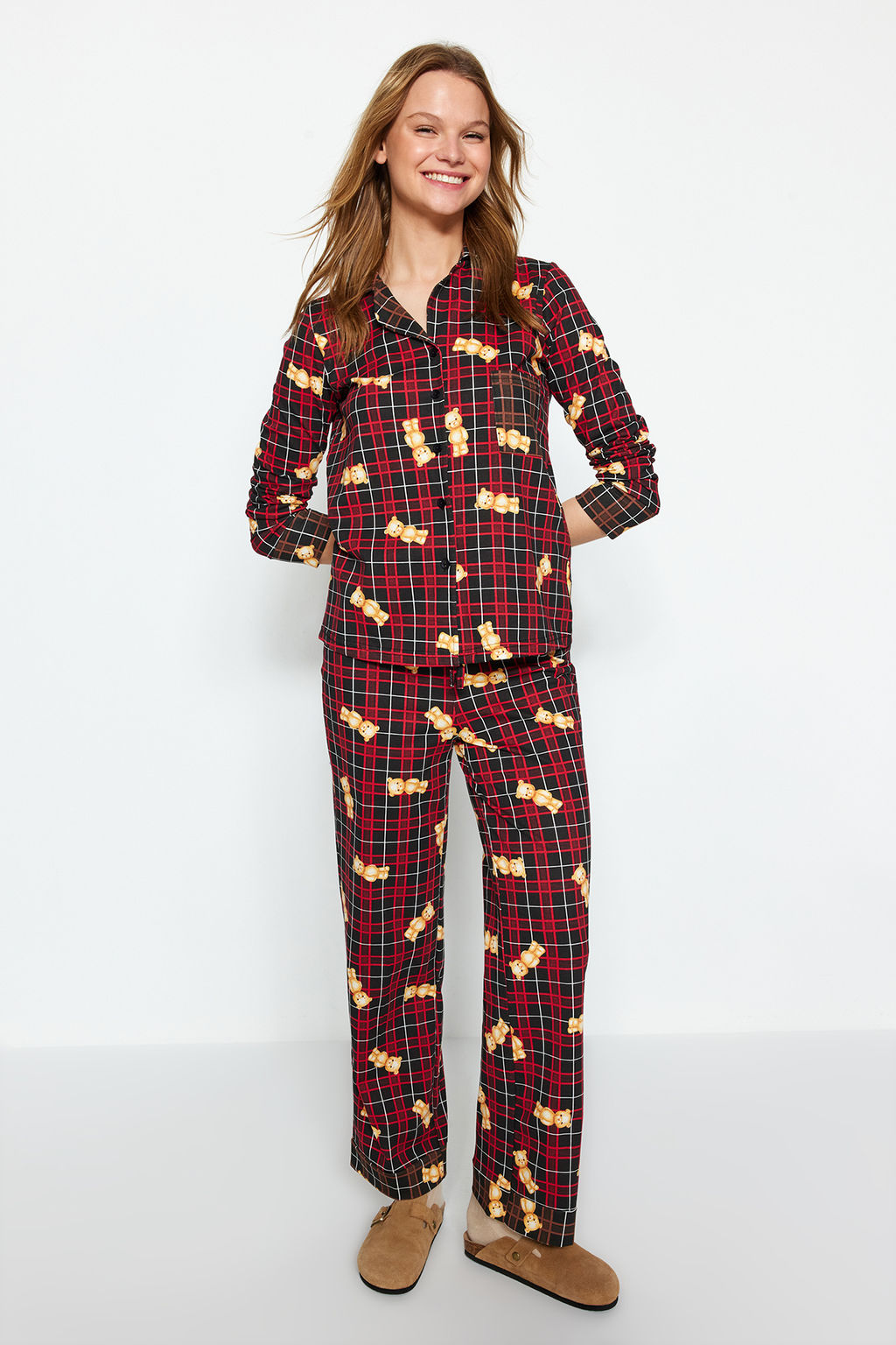 Trendyolmilla Cok Renkli %100 Pamuklu Ay?c?kl? Ekoseli Gomlek-Pantolon Orme Pijama Tak?m? THMAW24PT00104