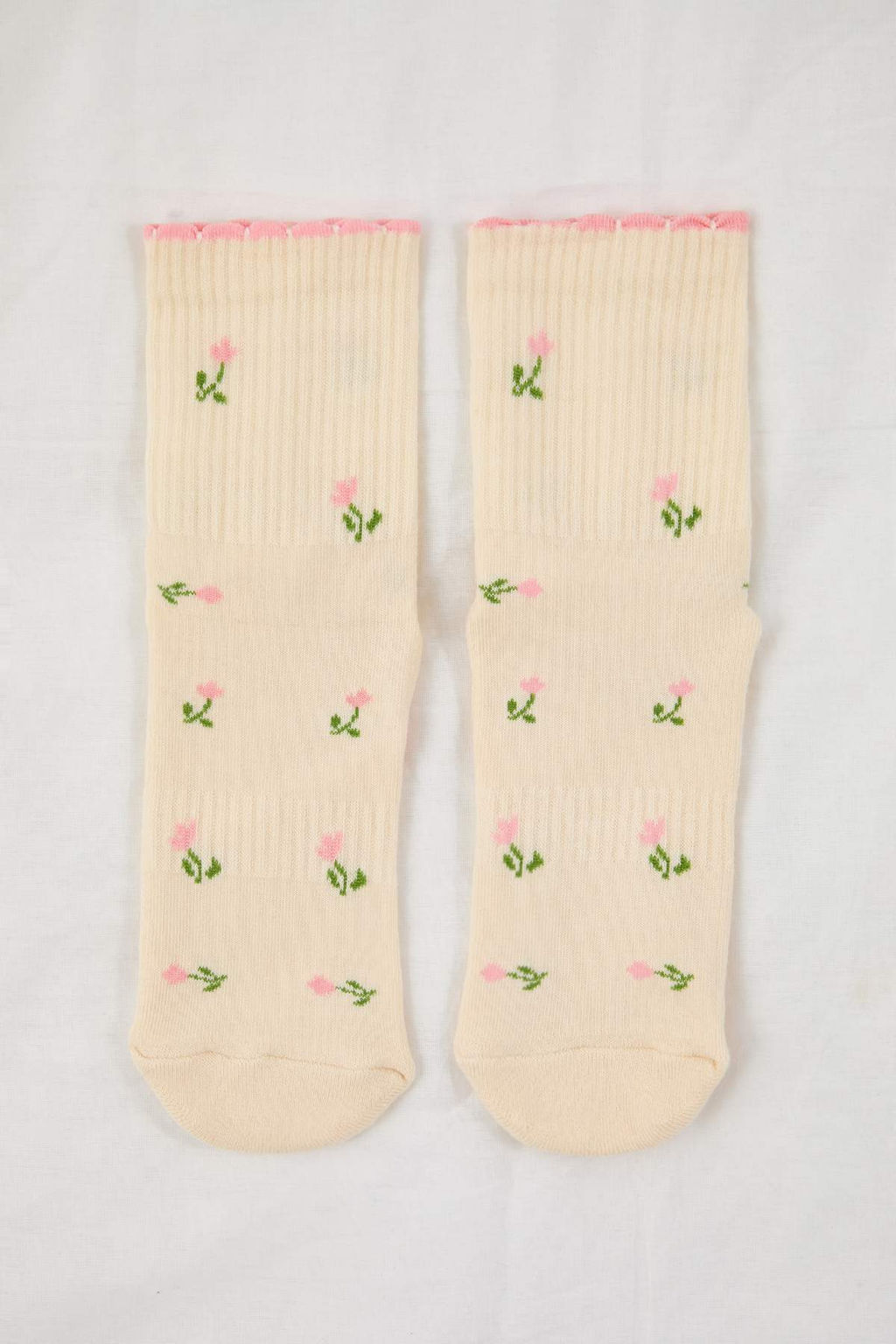 Ekru-Pembe Pamuklu Cicekli Kayd?rmaz Yoga/Pilates Orme Corap THMAW26CO00019