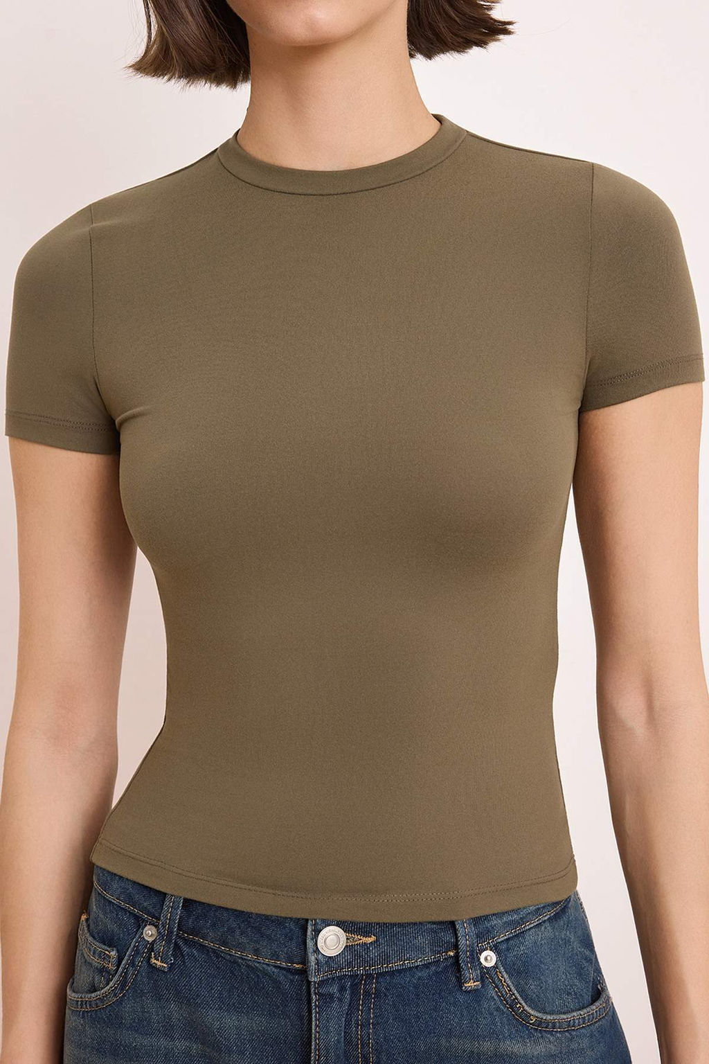 Haki Duz Fitted Bisiklet Yaka Standart Kol K?sa Poliamid Orme T-Shirt TWOSS26TS00151