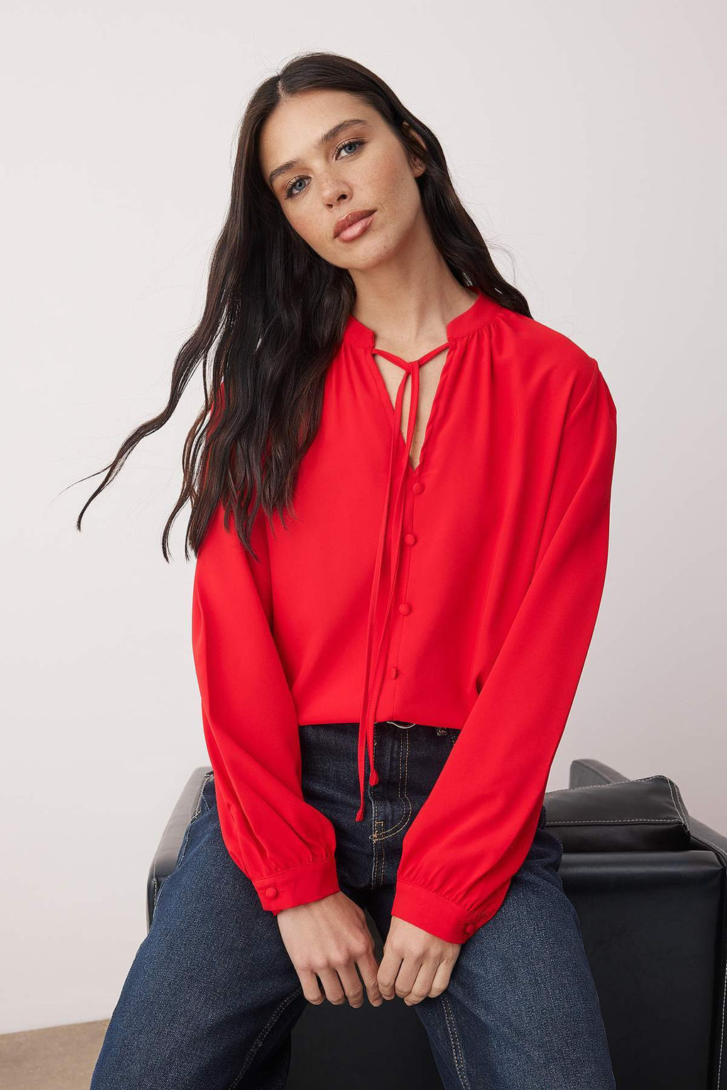 Bordo Dugme ve Baglama Detayl? Saten Dokuma Bluz TWOAW26BZ00347