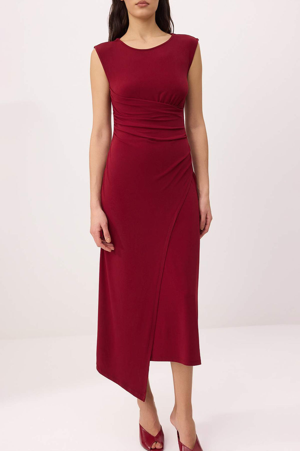 Bordo Duz A-line Bisiklet Yaka Kolsuz Buzgulu Midi Esnek Astarl? Orme Elbise TWOSS26EL00011