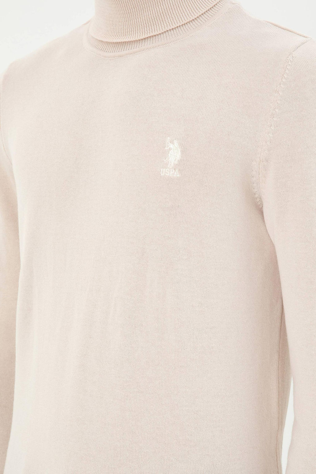Erkek Slim Fit Bo_azl_ Yaka Krem Melanj Basic Kazak