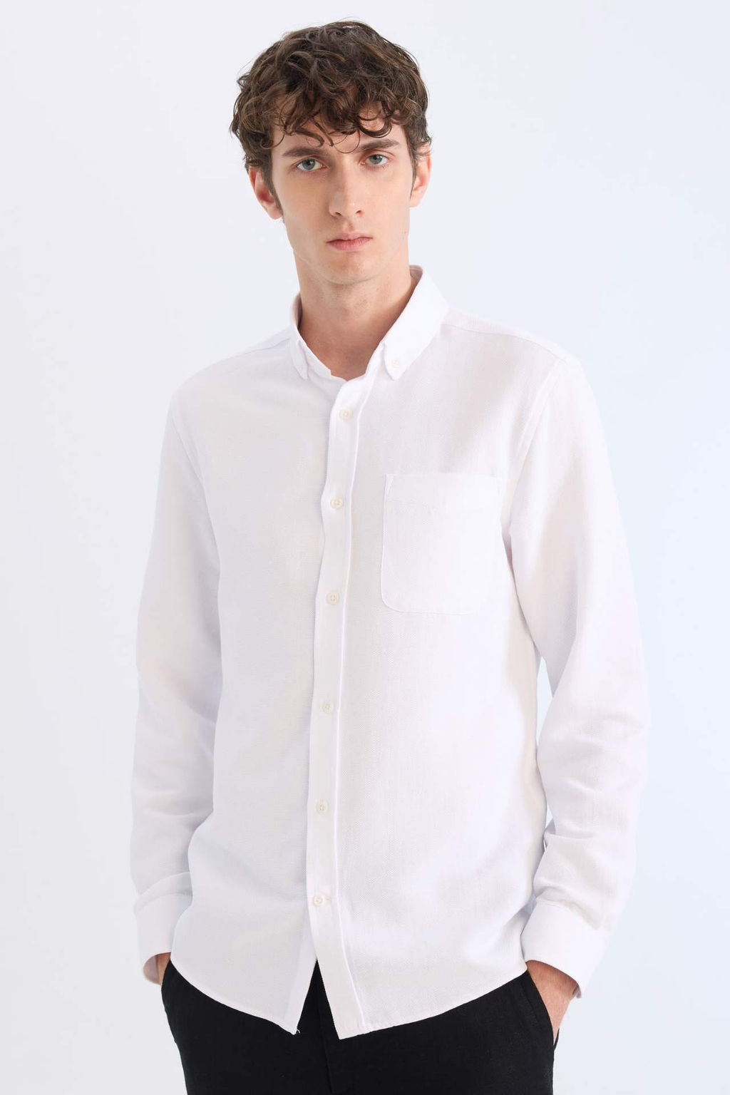 Slim Fit Dar Kesim Polo Yaka Dokulu Uzun Kollu Gomlek - Defacto фото 3