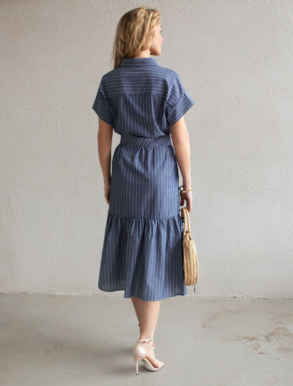 Платье в полоску А-силуэта с поясом из легкого хлопкового поплина - Vilatte фото 3