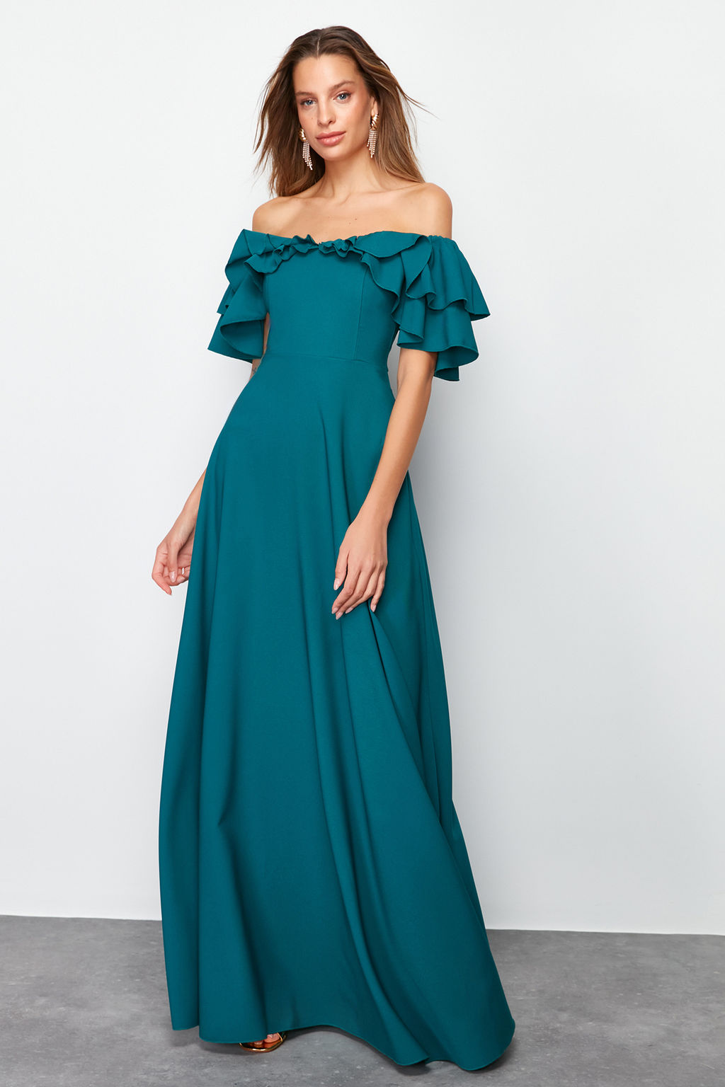 TRENDYOLMILLA Bordo A-Kesim Volanl? Dokuma Uzun S?k Abiye Elbise TPRSS24AE00054  фото 2