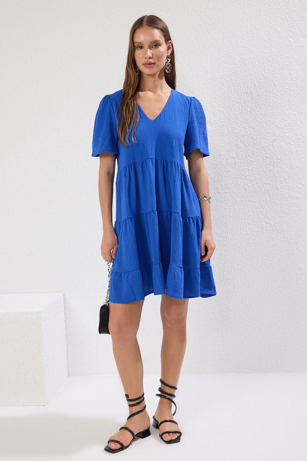 Indigo Genis Kesim V Yaka Mini Dokuma Elbise TWOSS20EL0400