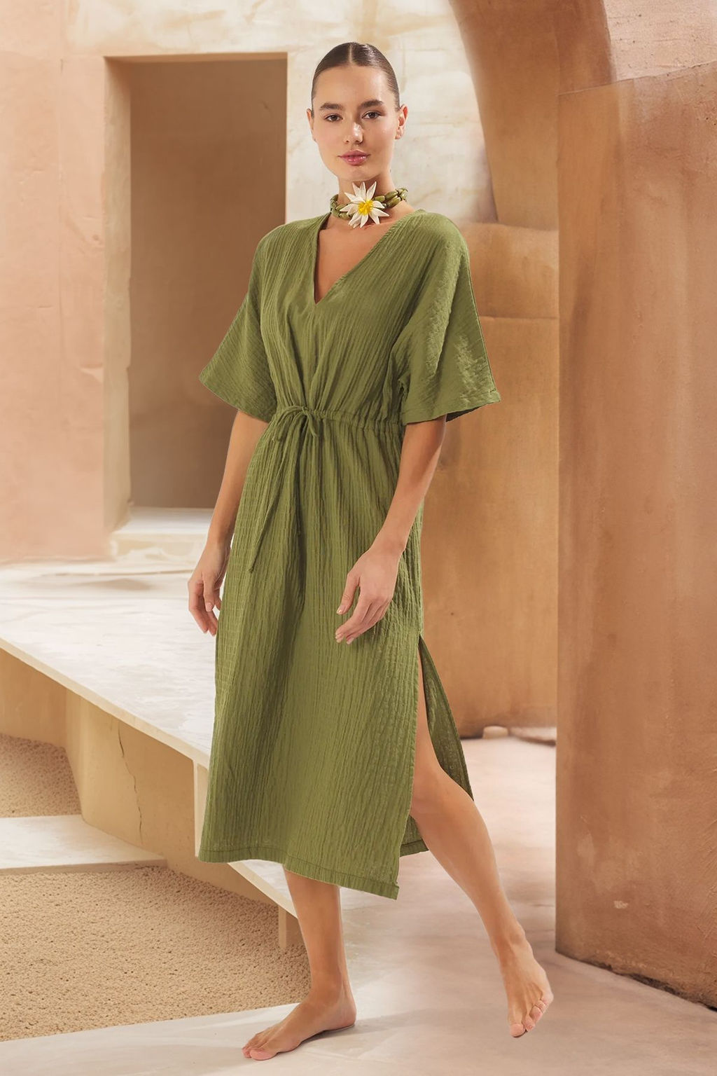 Trendyolmilla Haki Midi Dokuma Buzgu Detayl? Muslin Plaj Elbisesi TBESS25EL00008