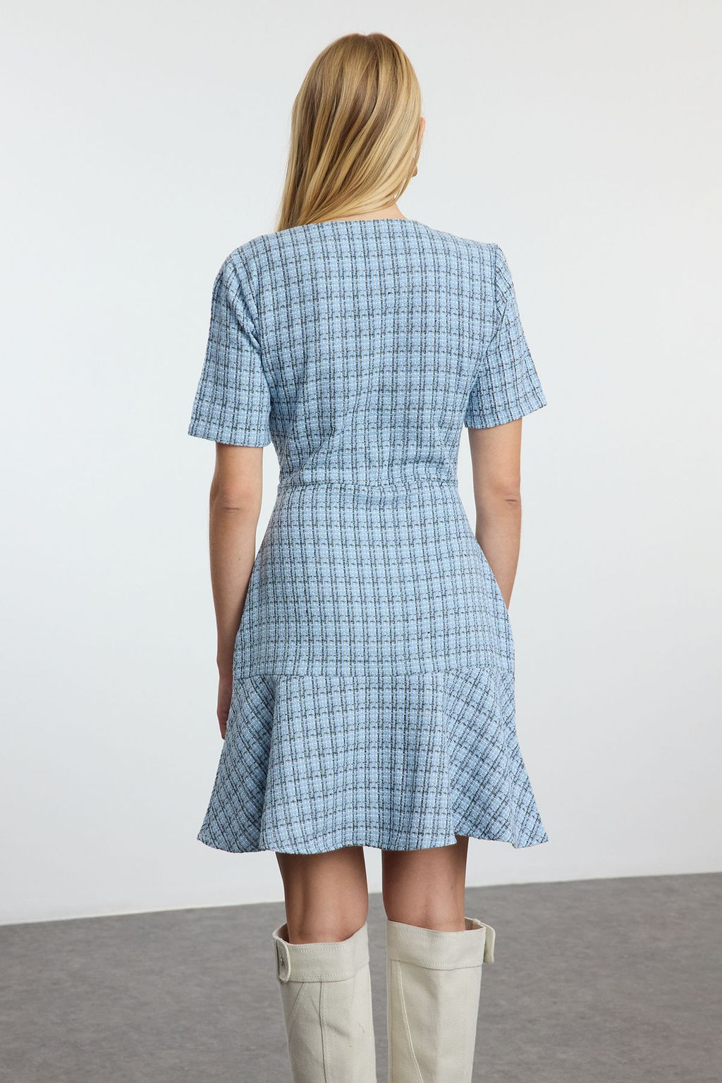 Indigo Etegi Belden Ac?lan Bisiklet Yaka Mini Tuvit Dokuma Elbise TWOAW25EL00280