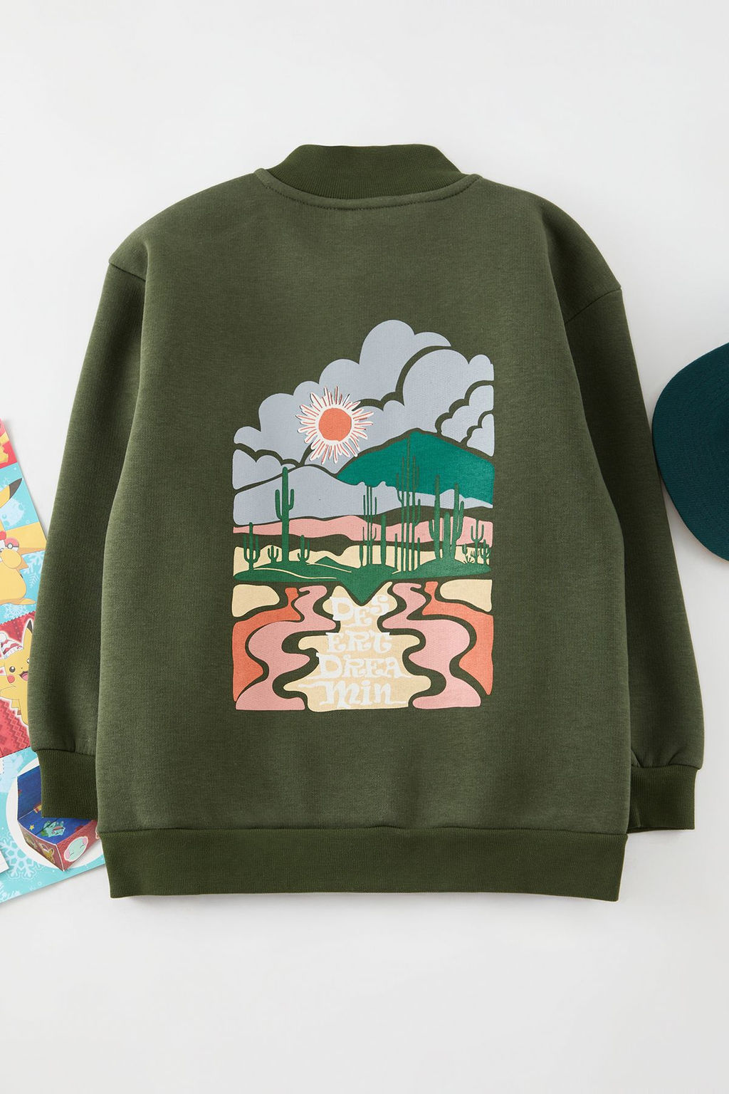 Haki Erkek Cocuk Fermuarl? S?rt Bask?l? Orme Sweatshirt TKDAW25SW00134