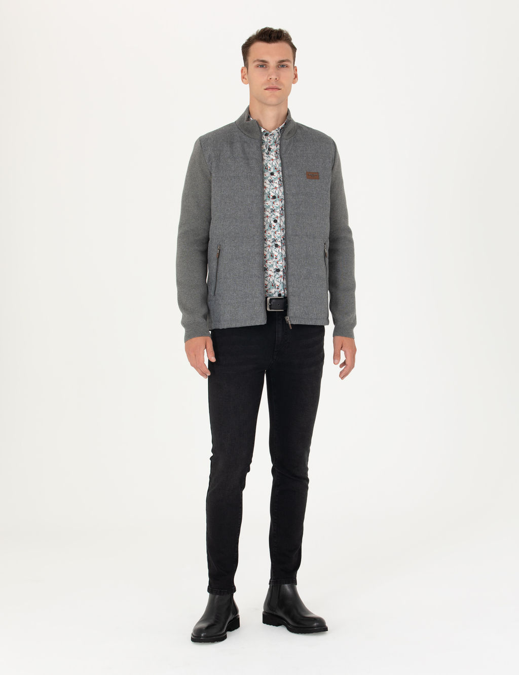 Gri Melanj Slim Fit Fermuarl_ Triko H_rka