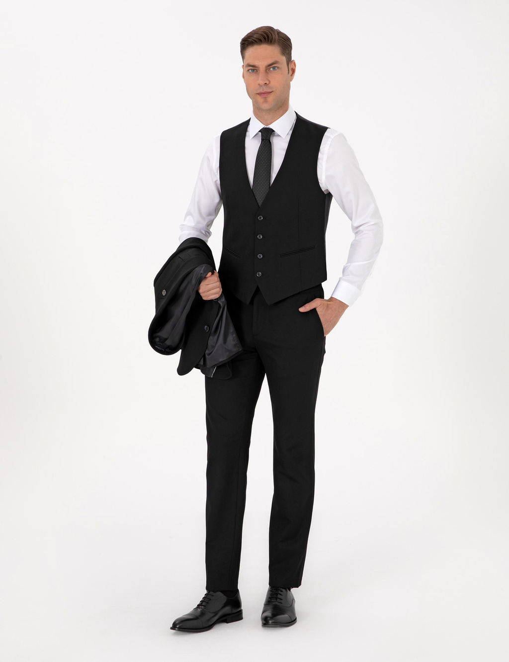 Siyah Slim Fit Yelekli Tak_m Elbise