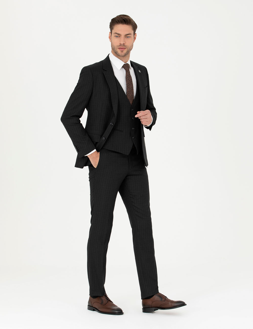 Siyah Slim Fit _izgili Yelekli Tak_m Elbise