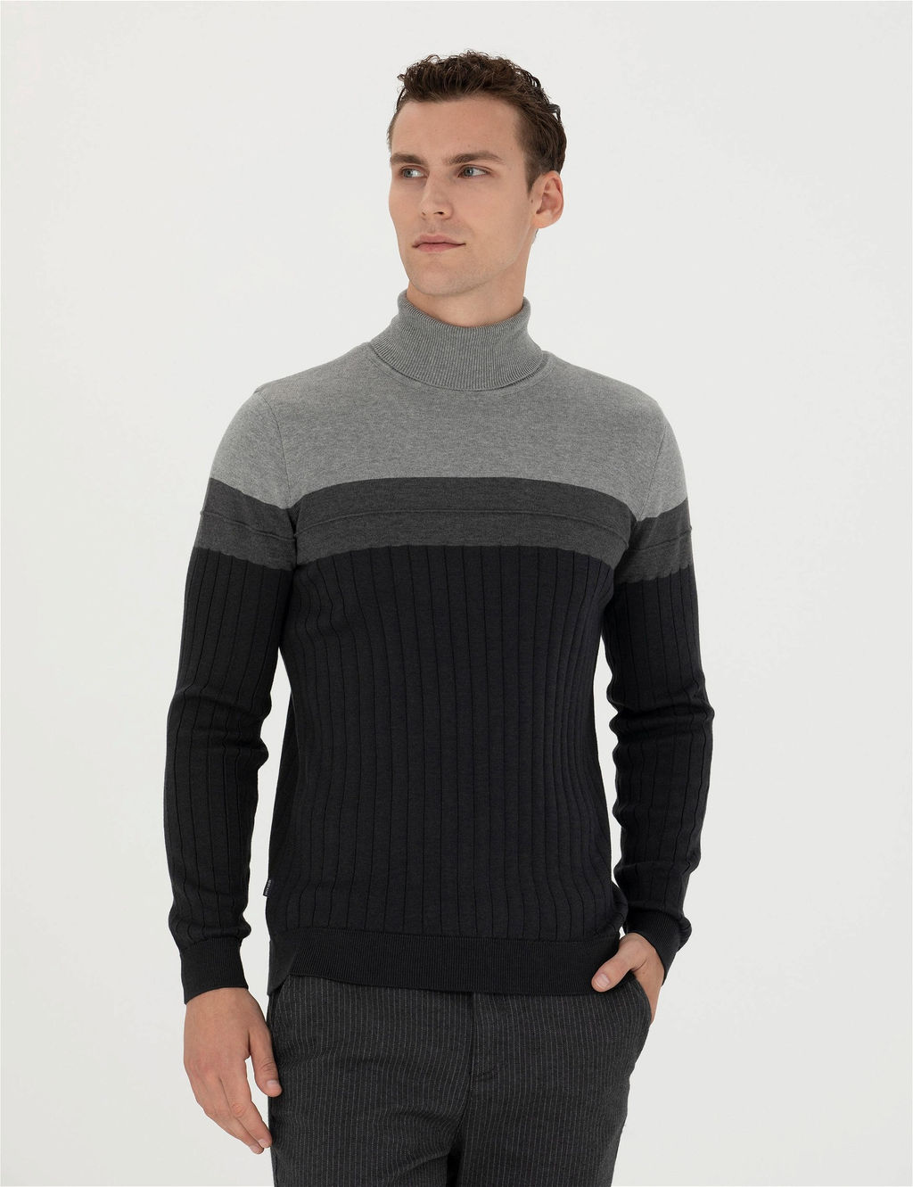 Antrasit Melanj Slim Fit Bal_k__ Yaka Triko Kazak - Pierre cardin фото 3